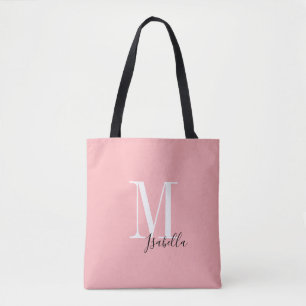 Personalised simple name and monogram pink tote bag