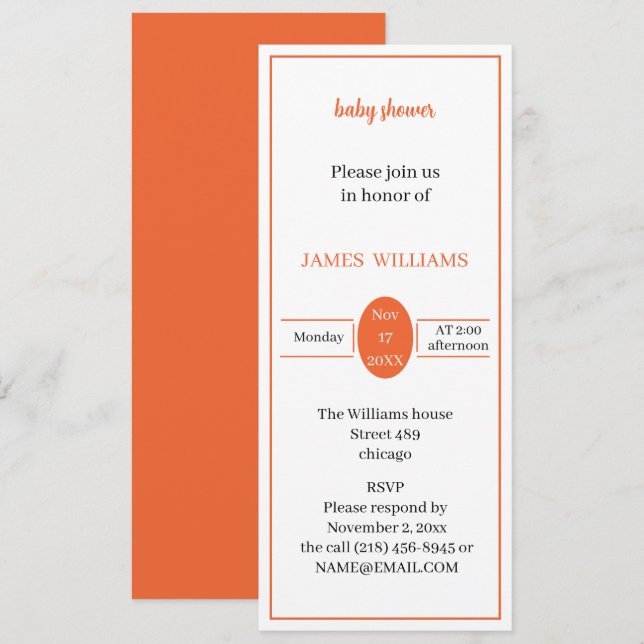 Personalised Simple Orange Baby Shower Invitation (Front/Back)