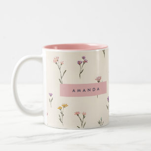 Personalised Simple Pastel Flower Motif on Cream Two-Tone Coffee Mug