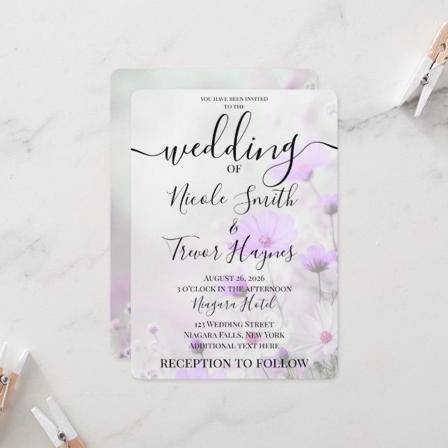 Personalised Simple Purple Flowers Wedding Invitation (Front/Back In Situ)