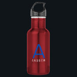 Personalised Simple Red White Blue Initial Name 532 Ml Water Bottle<br><div class="desc">Red, White, and Blue Personalised Name and Initial Letter Stainless Steel Water Bottle with a Custom Monogram in a trendy modern and minimal classic sans serif font for a simple but sophisticated and masculine look. Shown in blue and white on a red metallic water bottle, the text colours and fonts...</div>