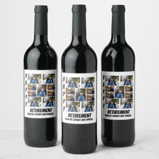 Personalised Simple Retirement  9 Photo Collage Wi Wine Label