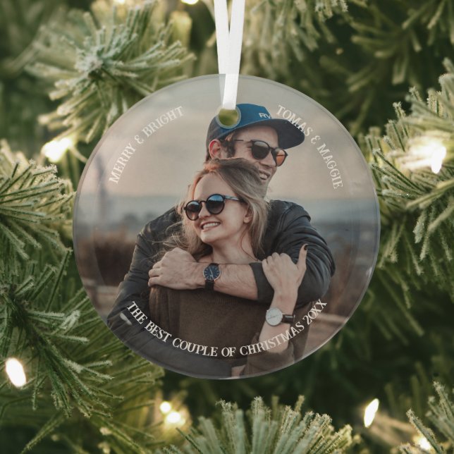 Personalised Simple stylish Cute couple photo Xmas Glass Tree Decoration (Insitu)