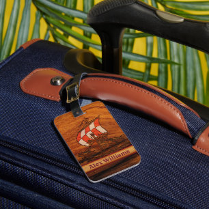 Personalised Simulated Wood Grain Vikings Longship Luggage Tag