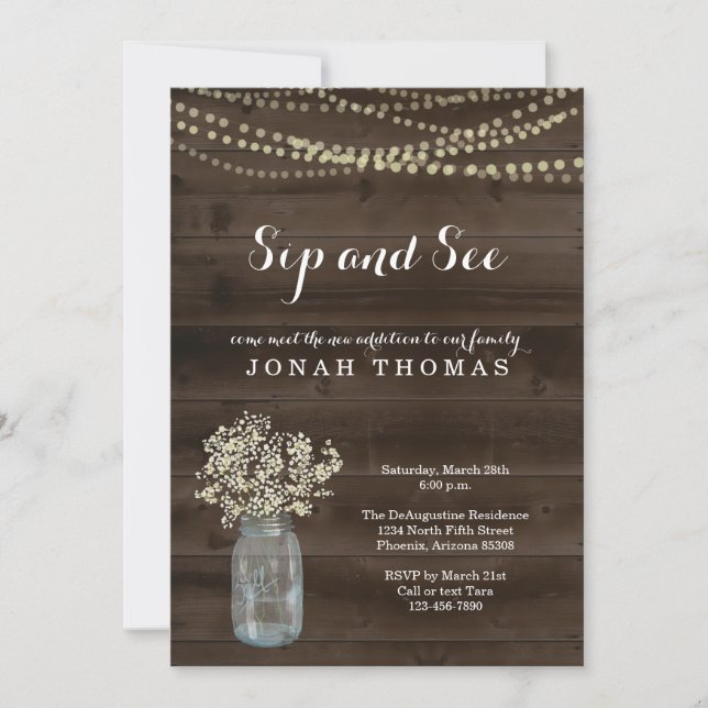 Personalised Sip and See Invitation - Rustic Wood (Front)
