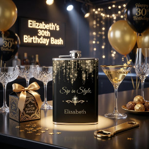 Personalised Sip in Style Glitter Black Gold Hip Flask
