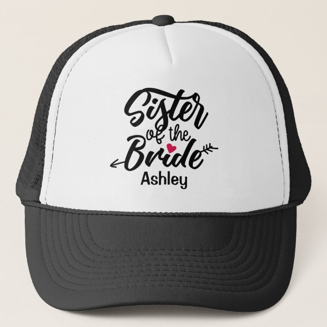 Personalised Sister of the Bride Heart and Arrow Trucker Hat (Front)