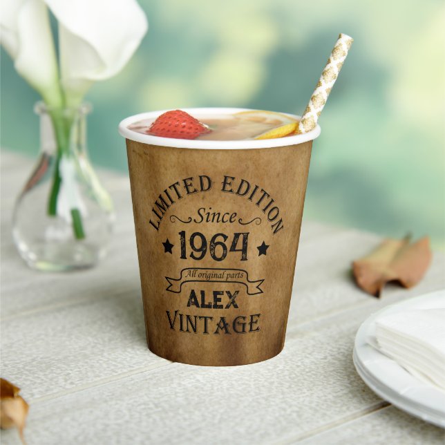 Personalised sixty vintage 60th birthday party paper cups (Insitu)