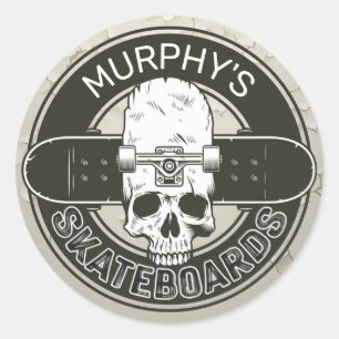 Personalised Skater NAME Skull Skateboarding Skate Classic Round Sticker