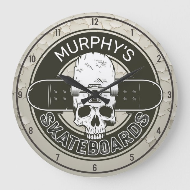Personalised Skater NAME Skull Skateboarding Skate Large Clock (Front)