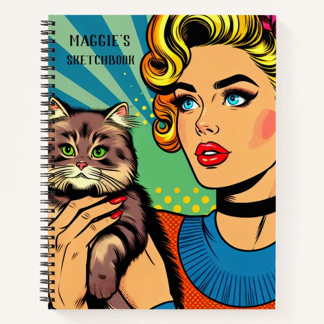 Personalised Sketchbook | Retro Lady and Cat Notebook (Front)