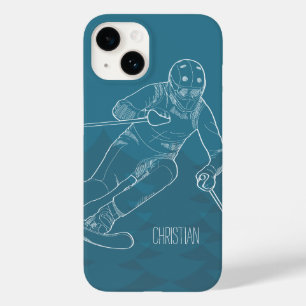 Personalised Skier Sketched Drawing on Blue Case-Mate iPhone 14 Case