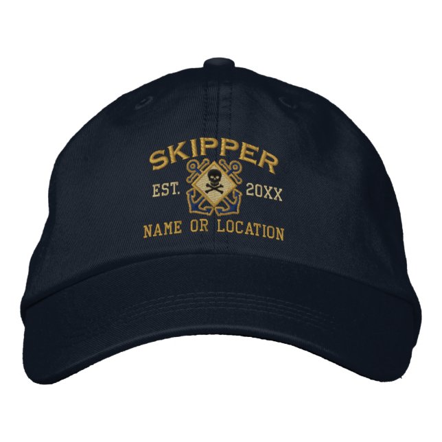 Personalised Skipper Nautical Crossbones Skull Embroidered Hat (Front)