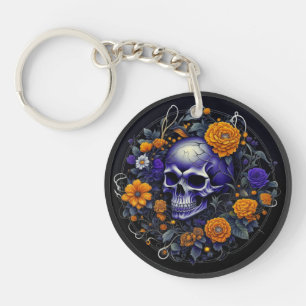 Personalised Skull and Orange Flowers AI art Key Ring