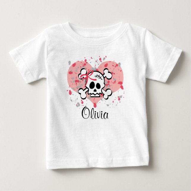 Personalised Skull Infant Tee Pink Bow Heart (Front)