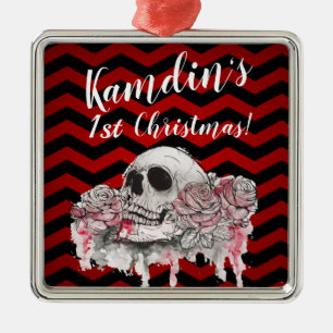 Personalised skull Rose Gothic Chevron red black Metal Tree Decoration