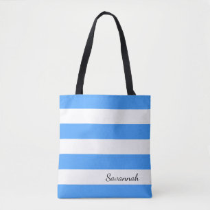 Personalised Sky Blue and White Striped Tote Bag