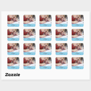 Personalised Sky Blue Photo Name and Date Gift Square Sticker