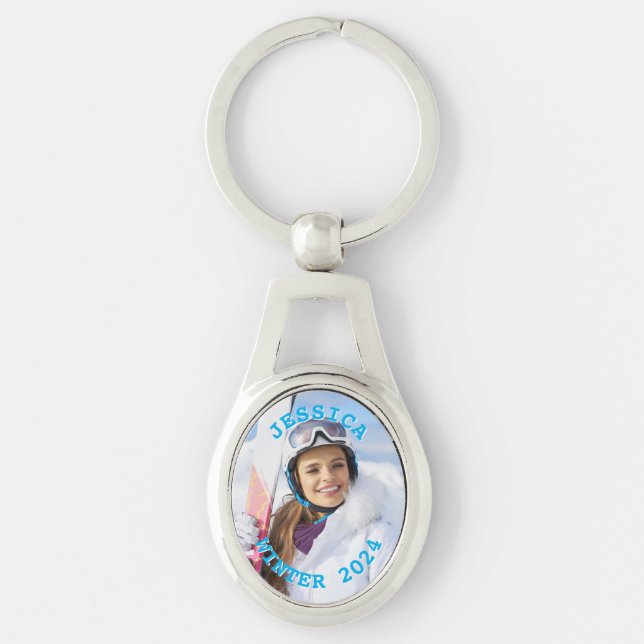 Personalised Sky Blue Text Family Photo Key Ring (Front)