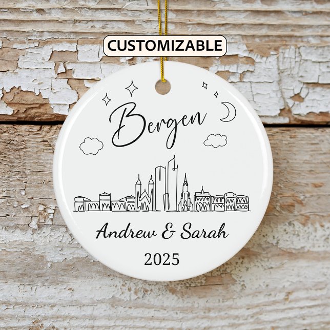 Personalised Skyline Bergen Ornament, Norway Ceramic Tree Decoration (Creator Uploaded)
