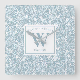 Personalised Slate Blue and White Floral Square Wall Clock