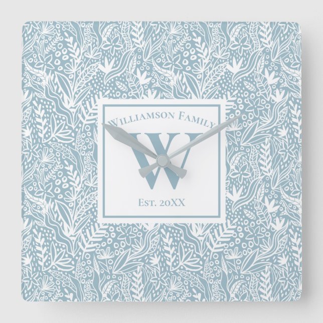 Personalised Slate Blue and White Floral  Square Wall Clock (Front)