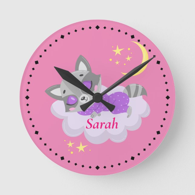 Personalised Sleeping Baby Racoon Nursery  Round Clock (Front)