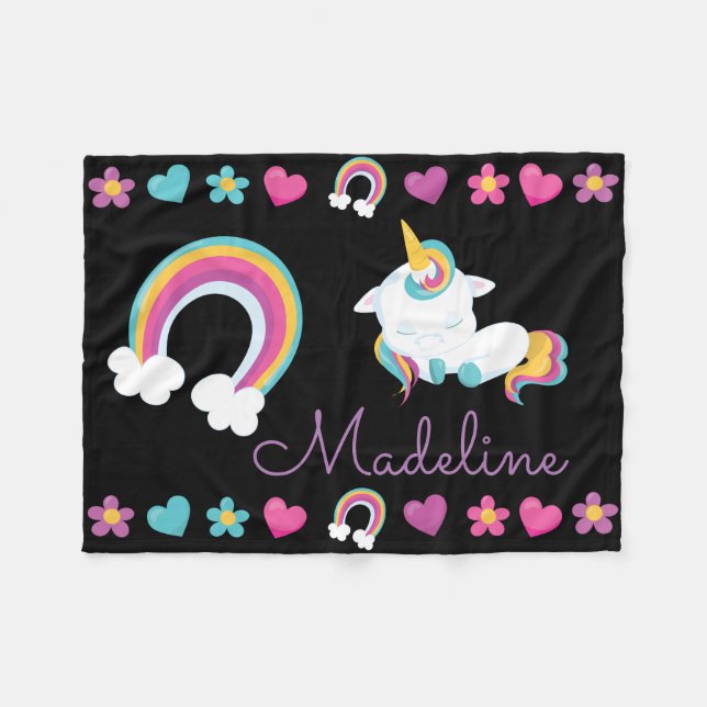 Personalised Sleeping Baby Unicorn & Rainbow Fleece Blanket (Front (Horizontal))