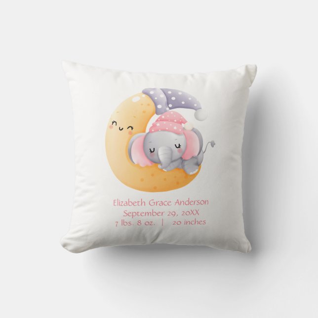 Personalised Sleeping Elephant Moon Pink Girl Baby Cushion (Front)
