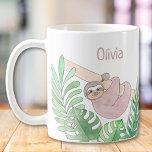 Personalised Sloth  Coffee Mug<br><div class="desc">This cute mug is decorated with a watercolor of a smiling sloth hanging from a branch with tropical leaves. Easily customisable with your name. Use the Customise Further option to change the text size, style or colour if you wish. Because we create our own artwork you won't find this exact...</div>