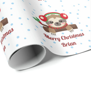 Personalised Sloth Merry Christmas Name Wrapping Paper
