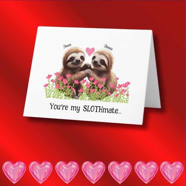Personalised Sloth Valentine Pink Red Slothmate Holiday Card (Creator Uploaded)