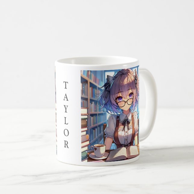 Personalised Smart Anime Girl in Library  Coffee Mug (Front Right)