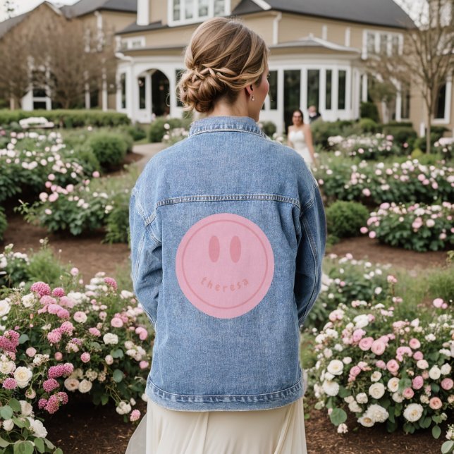 personalised smiley face happy smile name  denim jacket (Wedding Back)