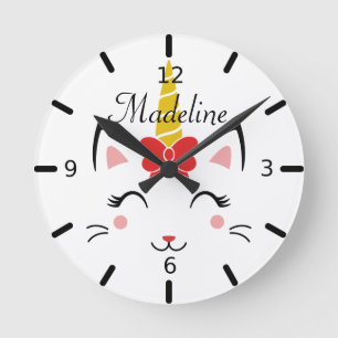Personalised Smiling Caticorn With Bow Round Clock