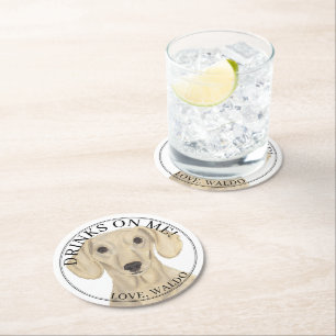 Personalised Smooth Cream Dachshund Dog Wedding Round Paper Coaster