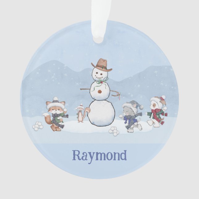 Personalised Snowball Fight Custom Snowman Animals Ornament (Front)