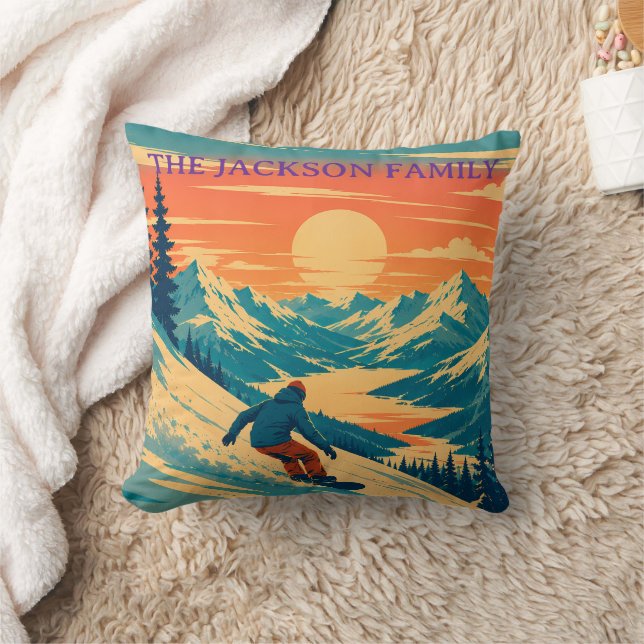 Personalised Snowboard Mountain Sunset Custom Name Cushion (Blanket)