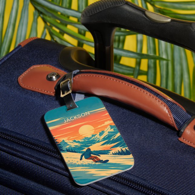 Personalised Snowboard Mountain Sunset Custom Name Luggage Tag (Front Insitu 1)