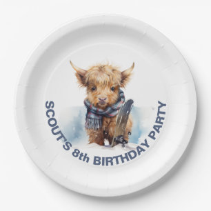 Personalised Snowboarding Highland Cow Paper Plate