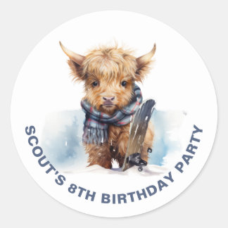 Personalised Snowboarding Highland Cow Sticker