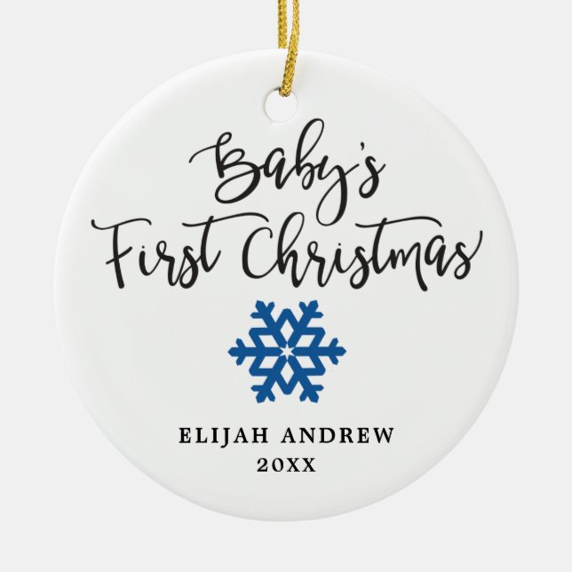 Personalised Snowflake Boy Baby's First Christmas Ceramic Tree Decoration (Front)