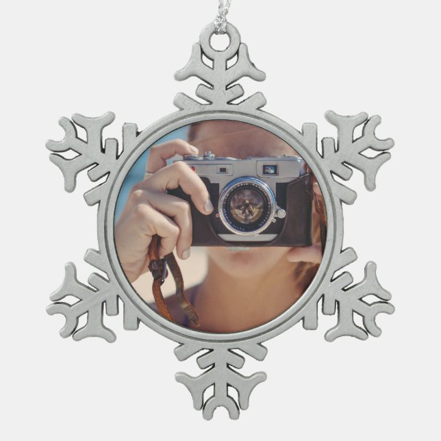 Personalised Snowflake Photo Ornament,  Pewter Christmas Ornament (Front)