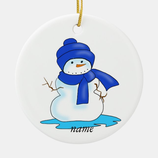 Personalised snowman blue hat  and scarf ceramic tree decoration (Front)