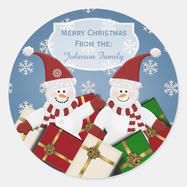 Personalised Snowman Christmas Stickers Blue (Front)