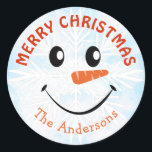 Personalised Snowman Face Merry Christmas Classic Round Sticker<br><div class="desc">Personalised Snowman Face Merry Christmas Classic Round Sticker with blue watercolor sky and white snowflake background.</div>