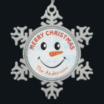 Personalised Snowman Face Snowflake Pewter Christmas Ornament<br><div class="desc">Personalised Snowman Face ornament with blue watercolor sky and white snowflake background.</div>