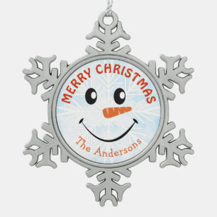 Personalised Snowman Face Snowflake Pewter Christmas Ornament