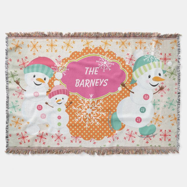 Personalised Snowman Family Holiday Throw Blanket (Front)