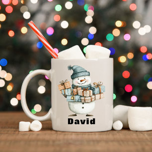 Personalised Snowman Holding Christmas Presents Coffee Mug